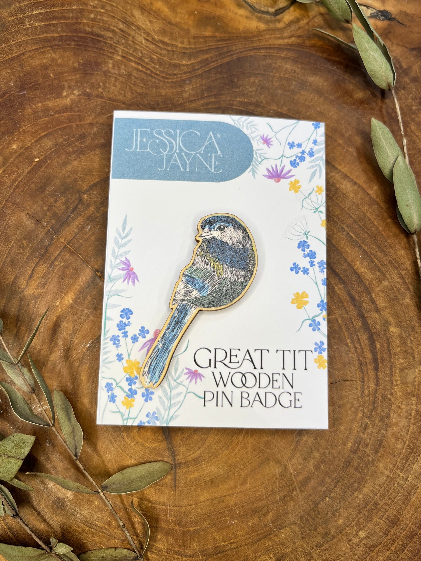 Great Tit Wooden Pin badge