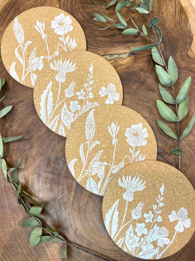 Hand Printed Cork Coasters 4 Pack - White