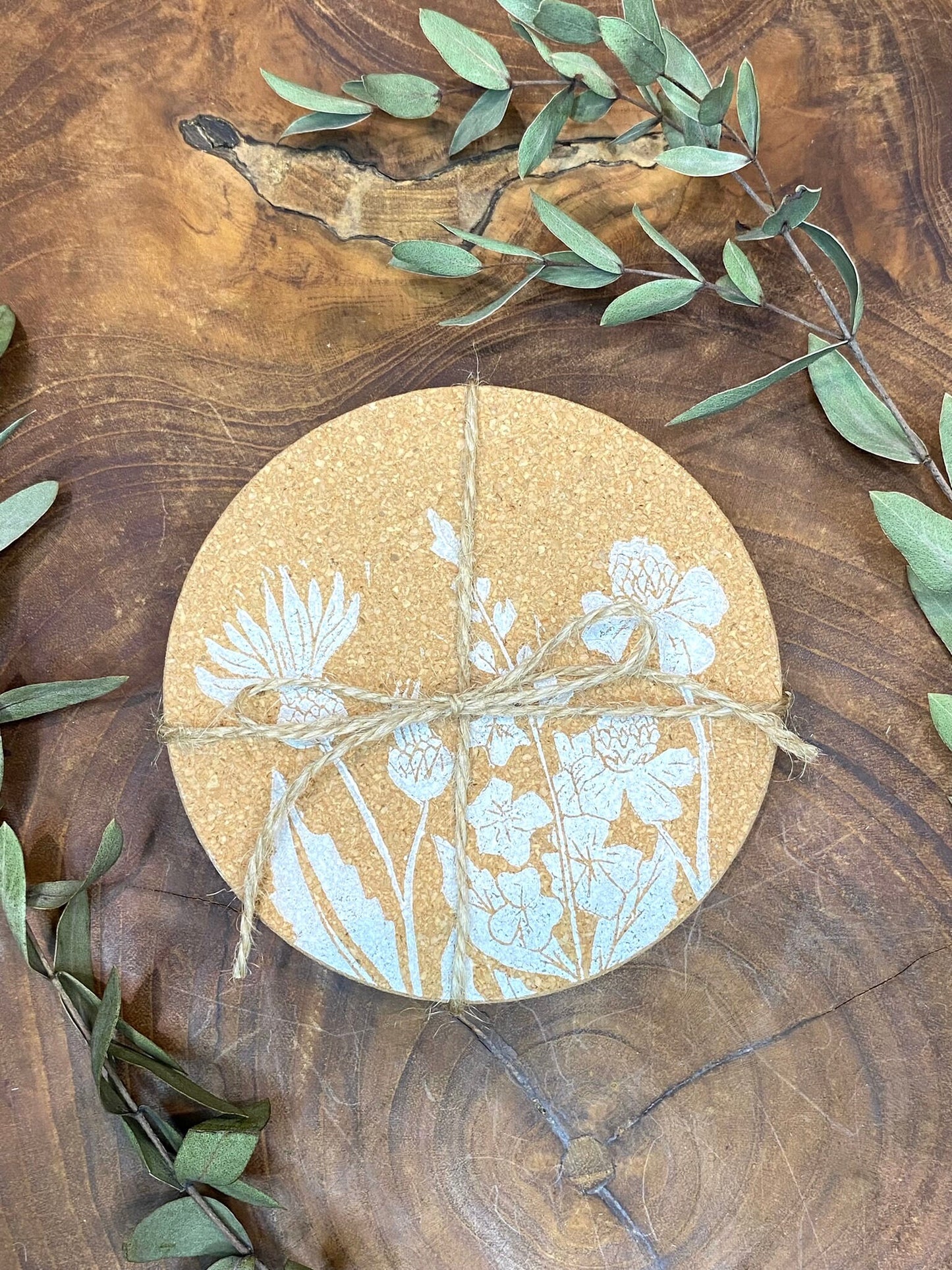 Hand Printed Cork Coasters 4 Pack - White