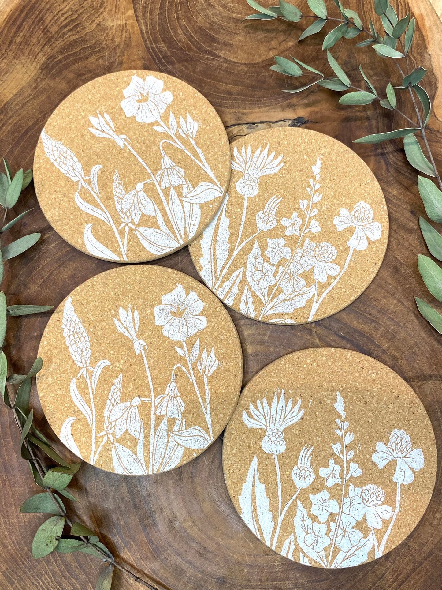 Hand Printed Cork Coasters 4 Pack - White